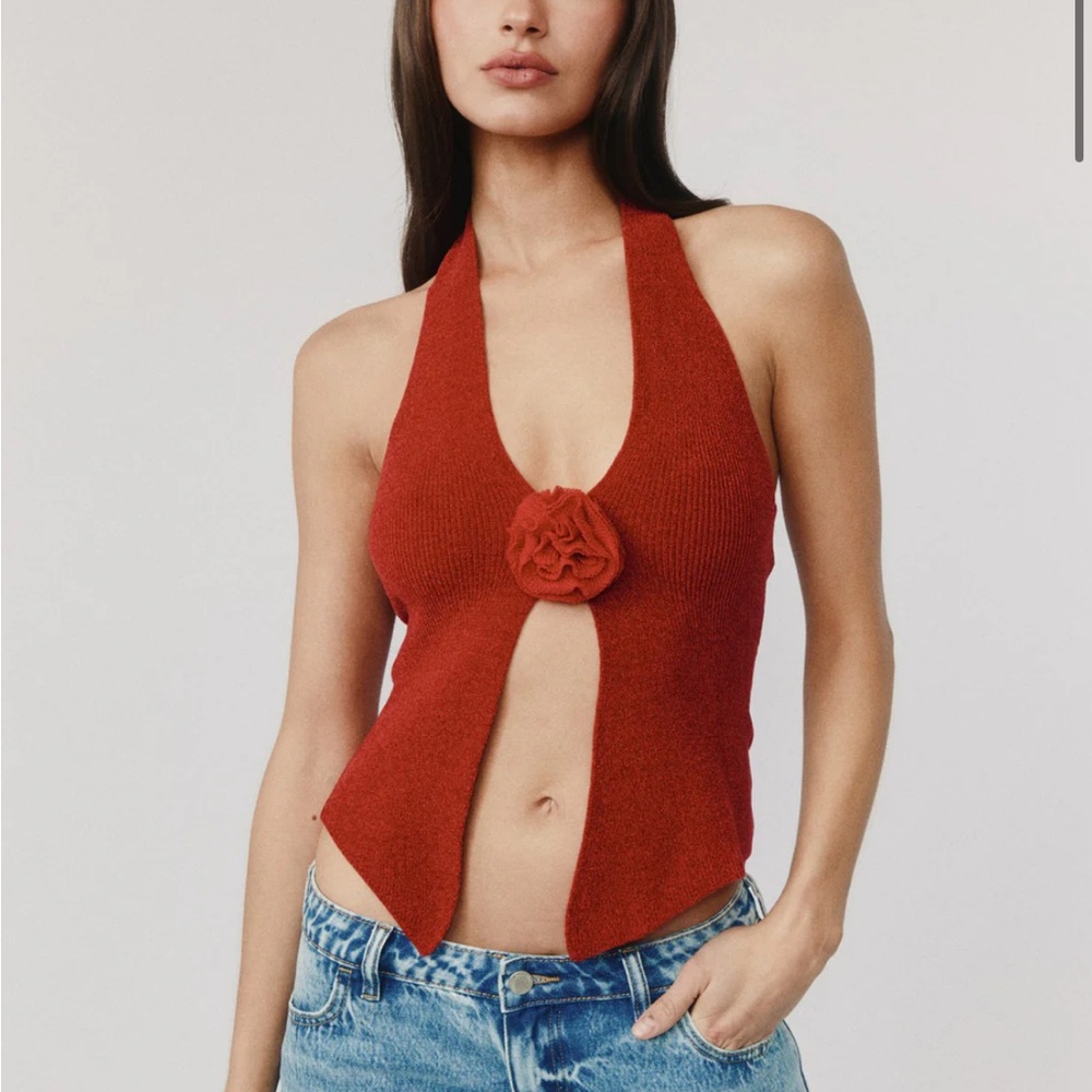 With Jean Red Halter Top with Flower